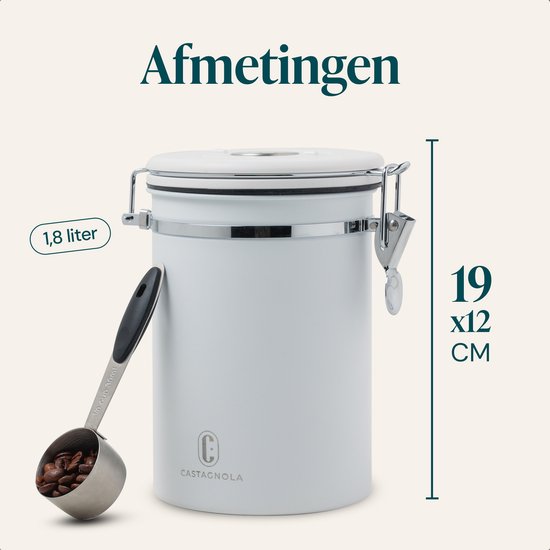 Boîte de conservation pour café Castagnola 1,8 L - Blanche - Boîte hermétique pour café avec valve à CO₂ et compteur de dates