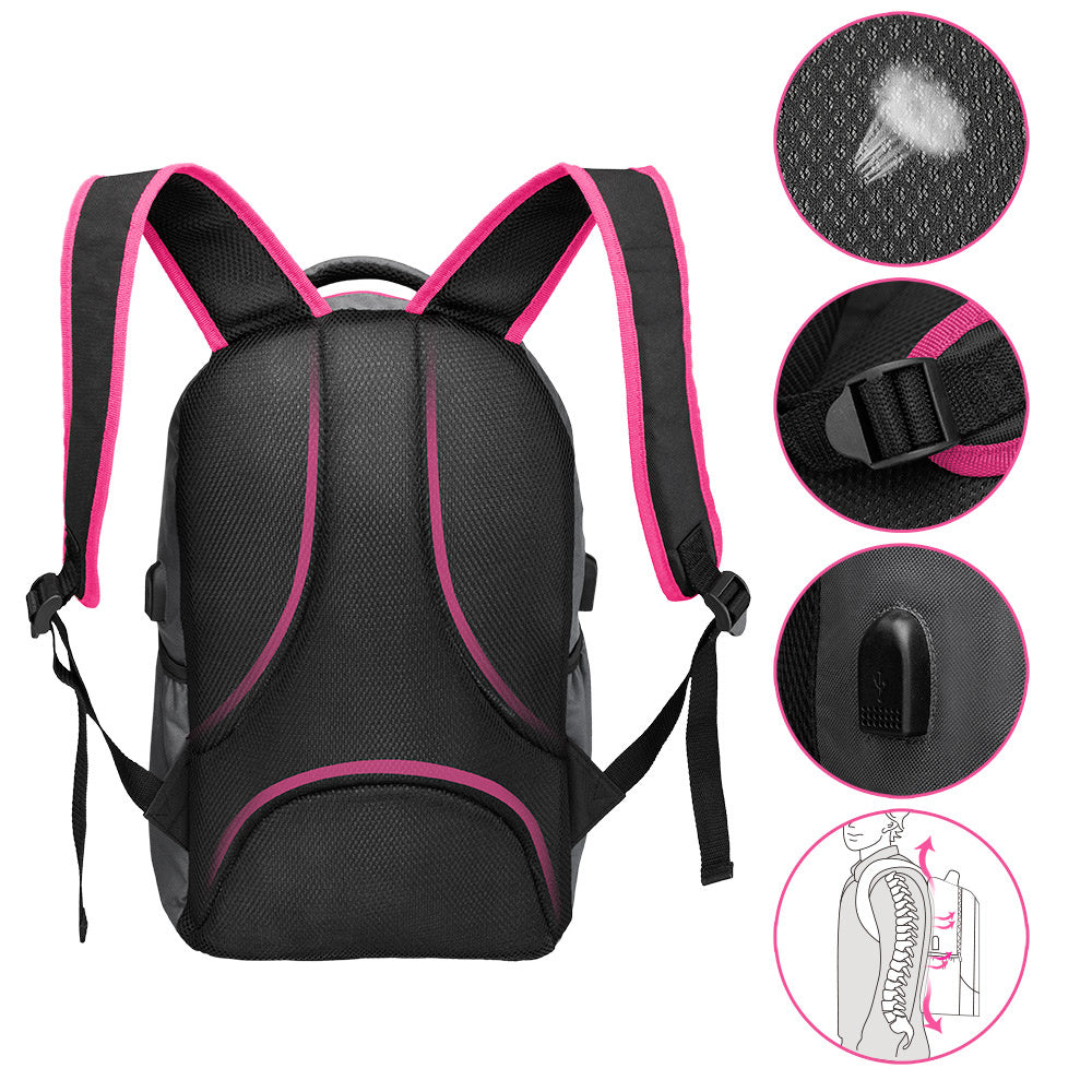 Rugzak voor Laptop 34L met USB-poort en 15,6" Laptopvak– Grijs / Roze