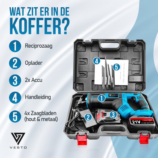 Vesto® Battery Reciprocating Saw - 21V Li-Ion - 2 batteries, lames de scie et étui inclus - course de 25 mm - pour bois, métal et plastique - système de changement rapide - sans fil