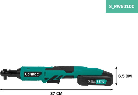 Clé à cliquet VONROC Accu - 20V - 50Nm - 3/8" - avec jeu de 8 douilles - batterie 2.0Ah et chargeur rapide inclus - également pour utilisation manuelle - idéal pour les boulons et écrous difficiles d'accès.