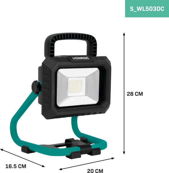 VONROC Lampe de chantier à batterie 20V - LED - 20W - 2 modes : 900/1800 lumens - inclinable - grand angle de rayonnement - Batterie 2.0Ah et chargeur rapide inclus