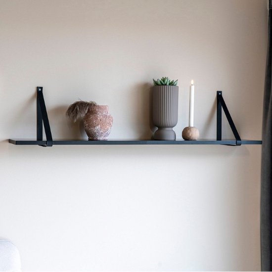 Etagère murale noire avec sangles en cuir - 120x20 cm - House Nordic - Salon - Noir - caoutchouc ; Cuir véritable - Salon - En stock