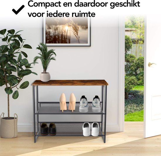 Brixy Shoe Rack - Industriel - Bois - Métal - 64x30x52cm - Vintage - Meuble à chaussures - Marron/Noir