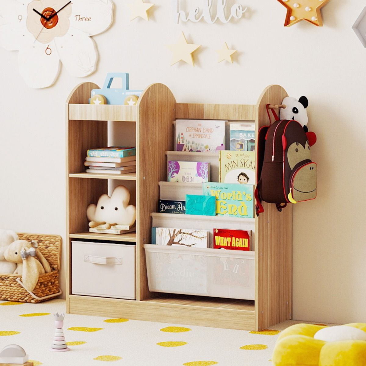 Bibliothèque pour enfants Coast avec miroir en pied - Étagère à 4 niveaux, tiroir en tissu et crochets - Couleur naturelle - 87,5 x 30 x 90 cm