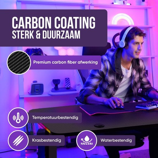 Avalo Gaming Desk - 160x100x75 CM - Bureau d'angle en forme de L - Bureau de jeu avec éclairage LED - Table - Noir