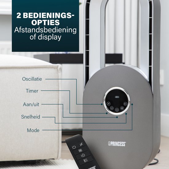 Ventilateur sans pales – 45 W – Oscillant – Minuterie 15 h – Écran LED – Télécommande – Silencieux et puissant – Princess 351500 – Blanc