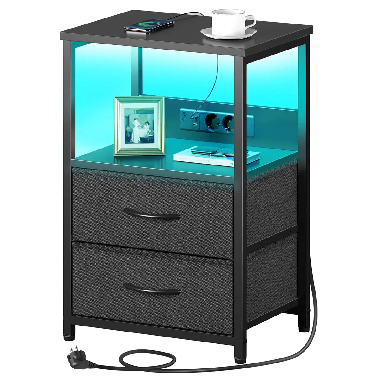 Table de chevet LED Rolanstar avec station de recharge - 2 tiroirs - USB et prise électrique