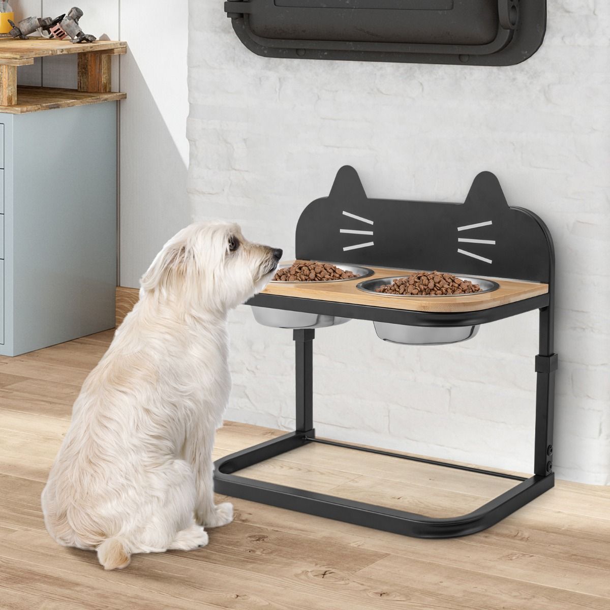 Station d'alimentation surélevée Coast pour chats et chiens - 43 x 22 x 33-38.5 cm - Noir et naturel - Hauteur réglable avec 2 bols en acier inoxydable