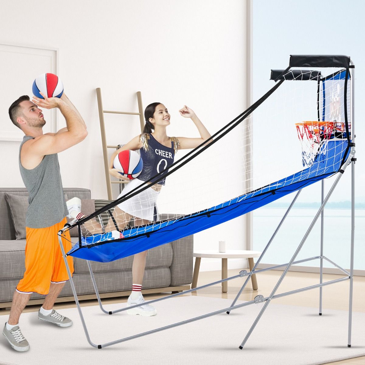 Cerceau de basket-ball pliable Coast - 206x110x206 cm - Bleu - 4 ballons + pompe gonflable + système de score électronique pour 1-4 joueurs