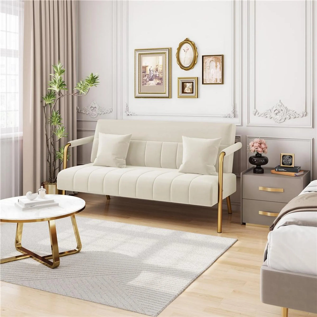 Canapé 2 places rembourré avec accoudoirs et pieds en métal, beige, 143,5 × 71,5 × 75,5 cm