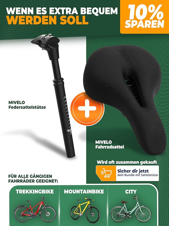 Tige de selle à suspension MIVELO - Réglable - Débattement de 40 mm - Max. 120 kg - 31.6 mm - Noir
