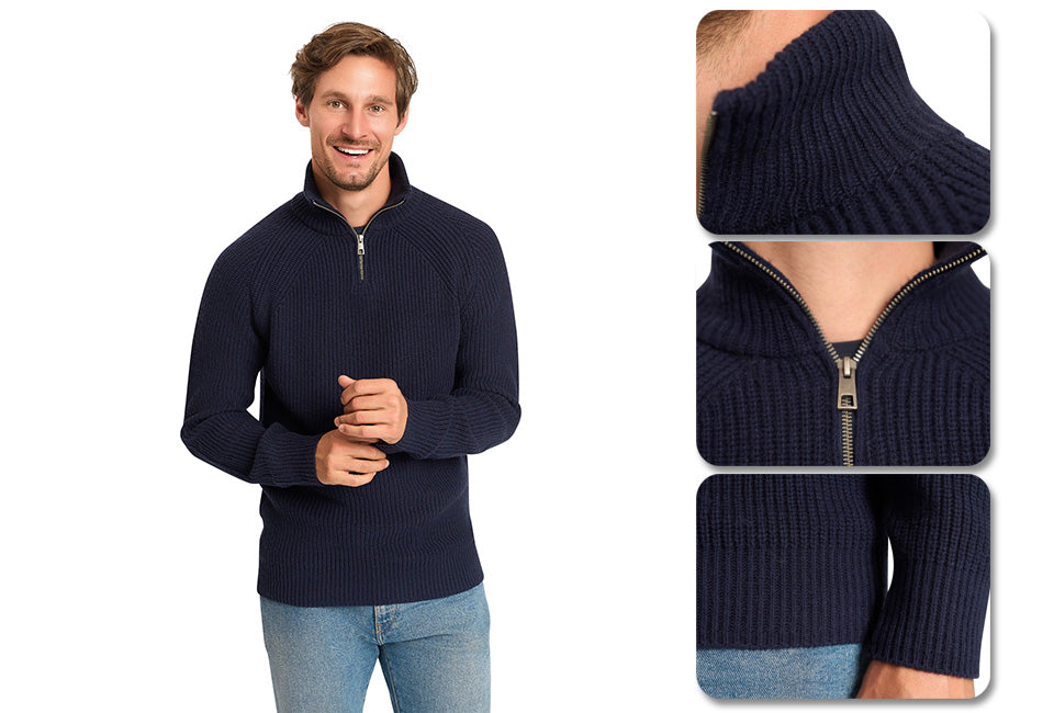 Pull stylé Mario russo avec col ouvert et fermeture éclair - Homme - Taille L - Marine