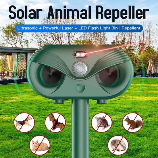 Répulsif ultrasonique à énergie solaire - répulsif à renard pour jardin extérieur - répulsif à écureuil et chat - détecteur de mouvement et lumière clignotante - repousse la mouffette, le lapin et le renard