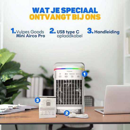 Vulpes Goods® Tech - Mini Airco PRO - Climatiseur mobile - Rafraîchisseur d'air 4en1 - Rafraîchisseur d'air - Ventilateur de table - 4 vitesses de vent, 2 modes d'humidification et minuterie - Etanche - Blanc