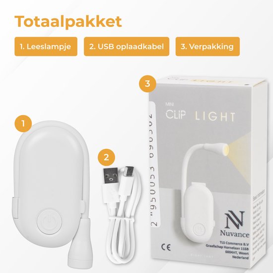 Nuvance - Lampe de lecture - Lampe de lecture à pince - Dimmable - 3 niveaux - Lampe de lecture pour livre - Rechargeable USB C - 24 heures de plaisir de lecture - Lampe à pince - pour enfants et adultes - Lampe à pince - Blanc