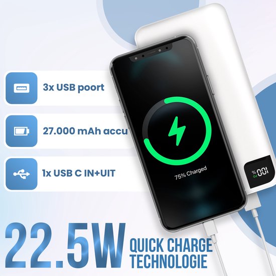 Strex Powerbank White - 27 000 mAh - Chargeur rapide 22,5 W - USB-A/USB-C - Indication LED - Powerbank universel adapté à iOS/Android, entre autres