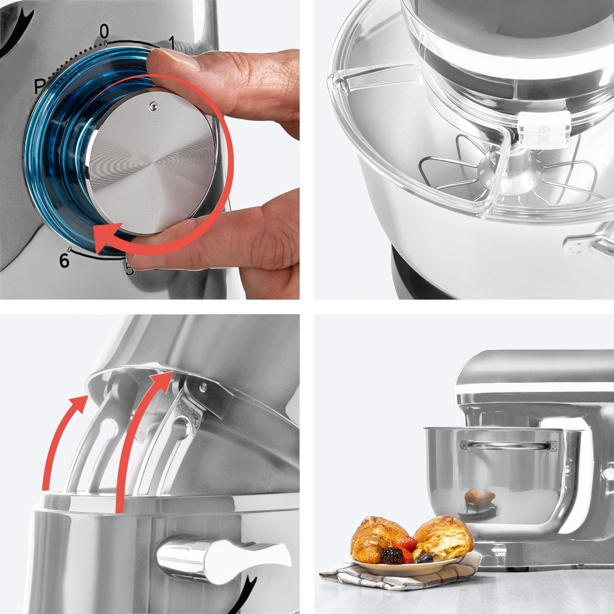 Robot de cuisine - KitchenBrothers - Robot de cuisine avec bol de 6L en acier inoxydable - avec bol de 6L - acier inoxydable - 1400W - Silver