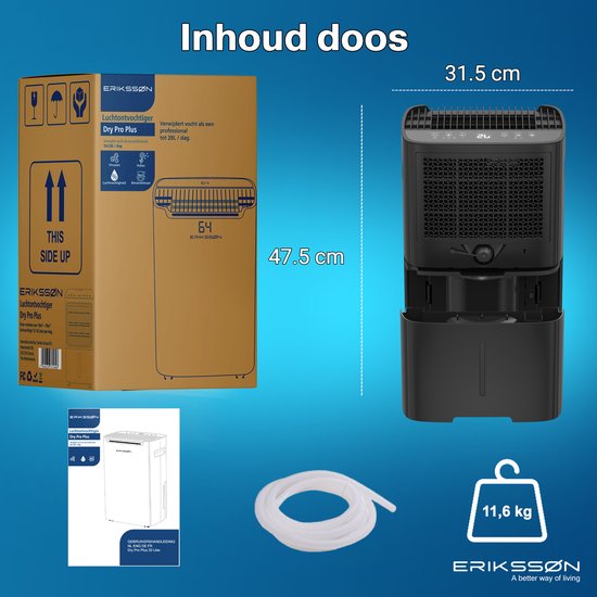 Erikssøn Dry Pro Plus Déshumidificateur 20L - Lavage-séchage, minuterie et hygromètre - Maison, chambre, salle de bain - Noir