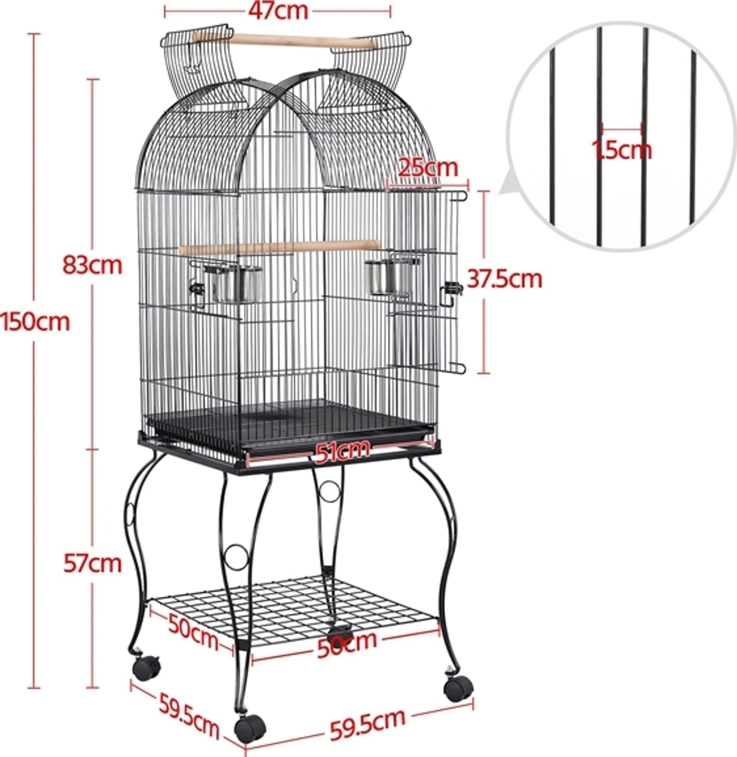 Yaheetech Cage à oiseaux - Perruches et perroquets - 59.5x59.5x150 cm - Mobile - Support amovible - Perchoirs - Noir