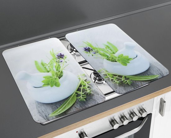 Wenko : Caches pour plaque de cuisson - Herb Garden - 52 x 30 cm - Verre - Blanc - Lot de 2