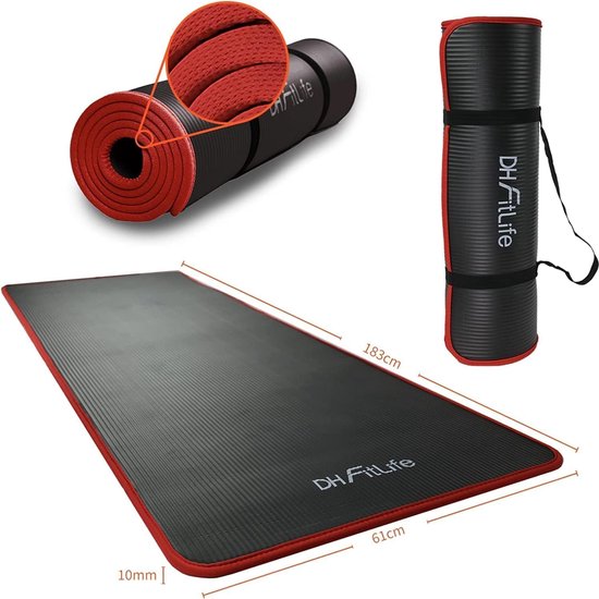 DH FitLife Tapis d'entraînement, tapis de fitness, tapis de sport, 183 x 61 x 1 cm, extra résistant à la déchirure, tapis de yoga, antidérapant et épais, tapis d'entraînement (noir)