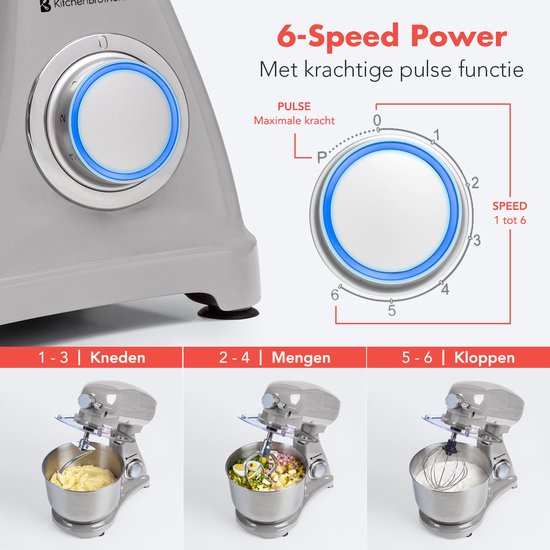 KitchenBrothers Robot de cuisine - Robot de cuisine - 6.2L Bol mélangeur - 1800W - Mélangeur de cuisine - Aluminium - Silver