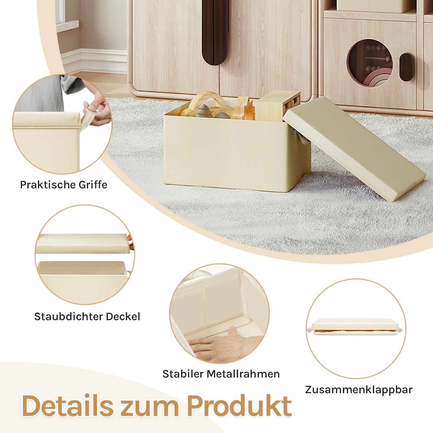Boîte de rangement WOLTU - Couvercle - Pliable - Poignées - Lot de 3 - 48 x 29 x 20 cm - Crème