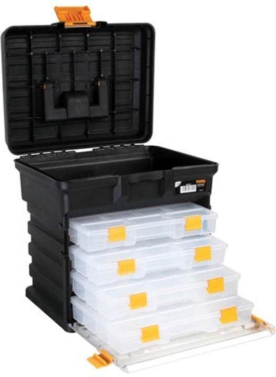 Perel Mallette de rangement polyvalente, polypropylène, 5 pièces, portable, avec 4 boîtes de tri amovibles, noir/jaune, 340 x 272 x 341 mm