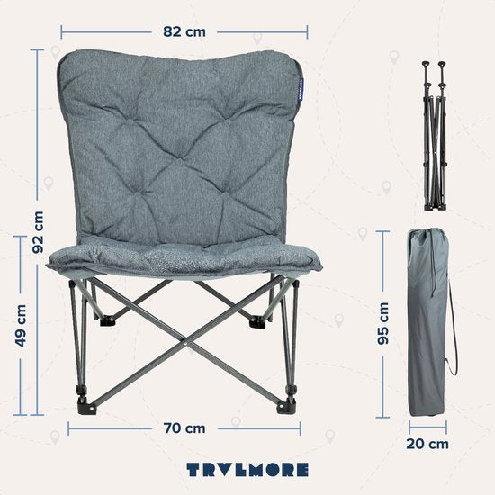 TRVLMORE Chaise de camping - Pliable - Sac de transport inclus - Chaise de camping - Chaise papillon - Capacité de charge 136 kg - Gris