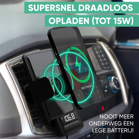 Serve 3in1 Bluetooth FM Transmitter, Phone Holder Car & Wireless Fast Charger 15W - Car Kit for Music - Phone Holders Car Accessories - Touchless Car Charger - Ventilation Holder