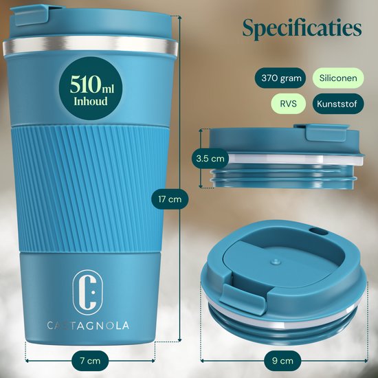 Mug isotherme Castagnola - Mug à café à emporter - Mug de voyage pour café et thé - Mug à thé - 510 ml - Acier inoxydable - Bleu