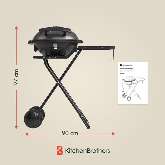 KitchenBrothers Barbecue électrique - pliable - Barbecue à roulettes - revêtement antiadhésif - table d'appoint - jusqu'à 250°C - 2400W - noir