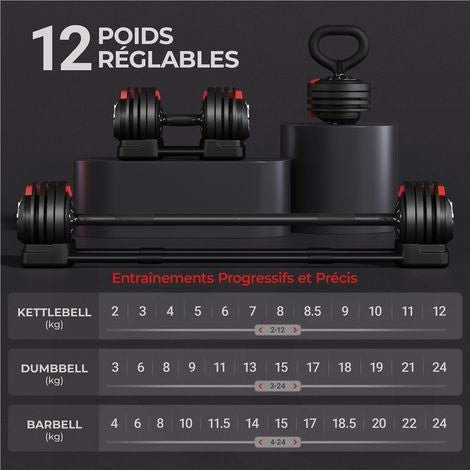 Ensemble d'haltères réglables Yaheetech 3-en-1 – 3 à 24 kg – 111 cm – Noir