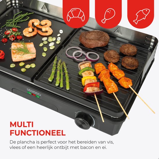 Bourgini Plancha Pure pour 8 - Revêtement céramique (sans PFAS) - Électrique - Gril sain - Plaque de cuisson - Plaque grill - Plaque tournante striée et plate