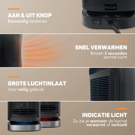 Vulpes Goods® Tech - Radiateur électrique - Chauffage électrique pour l'intérieur - Radiateur à ventilateur - Radiateur céramique - 3 niveaux - 950W - Indication LED - Rotatif - Noir - Version PRO