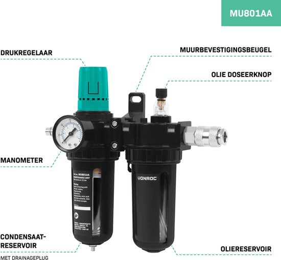 VONROC Air care unit - Déshumidificateur d'air comprimé, régulateur de pression et pulvérisateur d'huile - entretien et maintenance d'outils pneumatiques - 100-300 l/min - 0-10 bar - Raccord universel EU-RO/DIN 7.2mm