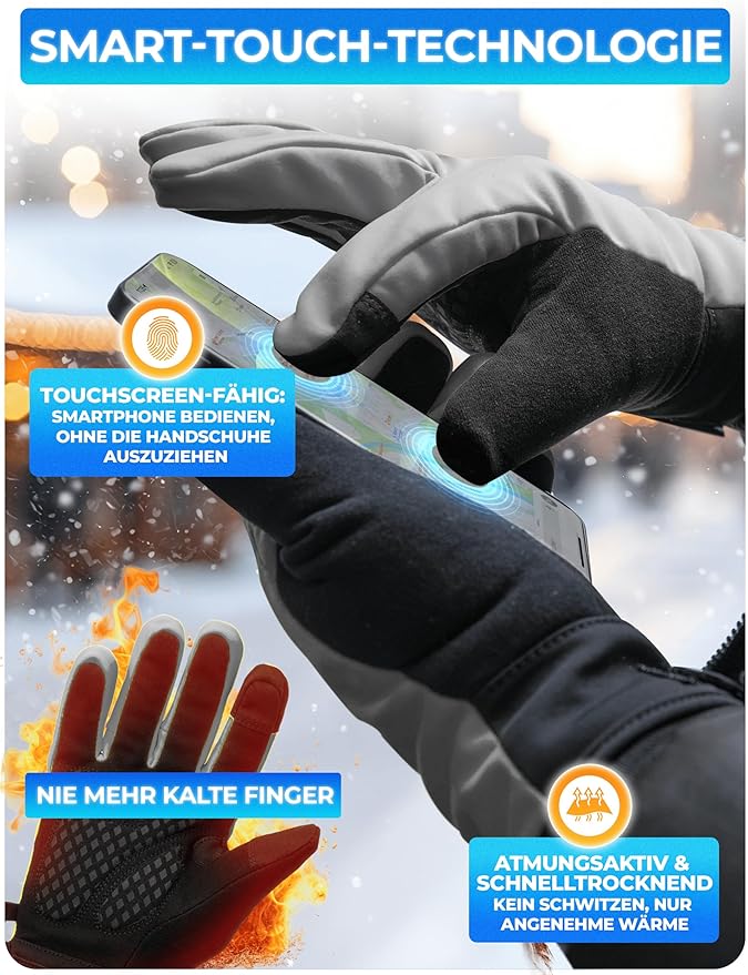 MIVELO Gants d'hiver - coupe-vent - imperméable - écran tactile - isolation 3M - antidérapant - gris