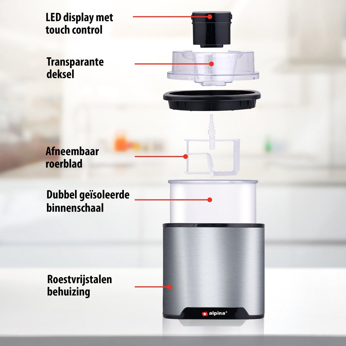 alpina Ice Cream Machine - Sorbetière 2L - Glace, Yoghourt glacé, Sorbet, etc. - Acier inoxydable - Argent