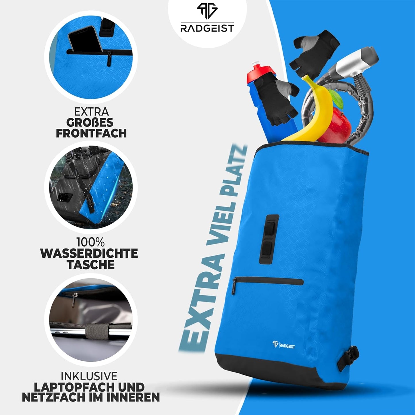 RADGEIST sac à vélo pour porteur I sac à vélo & sac à dos I sac à vélo pour femmes & hommes I sac à bandoulière & sac à vélo pour vélo 20L bleu