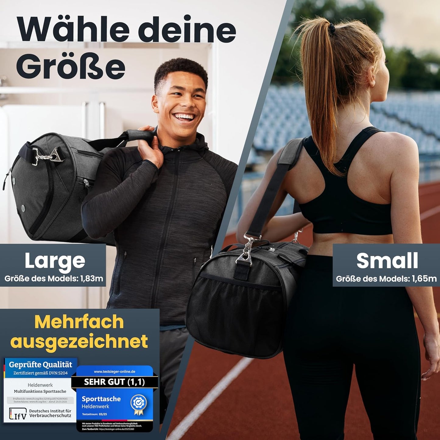 Herowerk Sac de sport avec compartiment à chaussures et compartiment humide, sac d'entraînement pour femmes et hommes, idéal comme sac de voyage, sac de fitness, sac d'entraînement ou sac de sport, gris, Sac de sport avec bandoulière