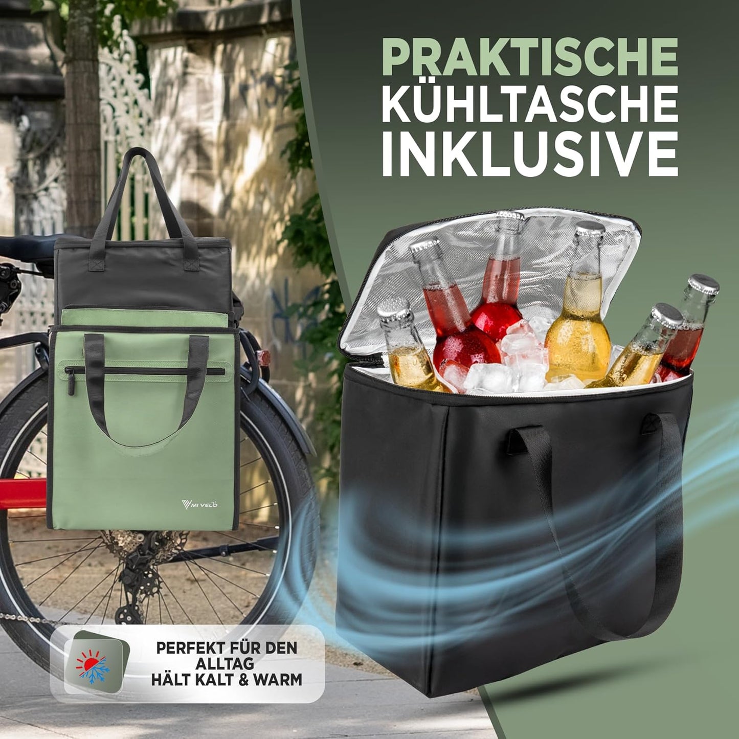 MIVELO Sac à vélo 3-en-1 - Imperméable - Sac glacière amovible - 25L - Mint