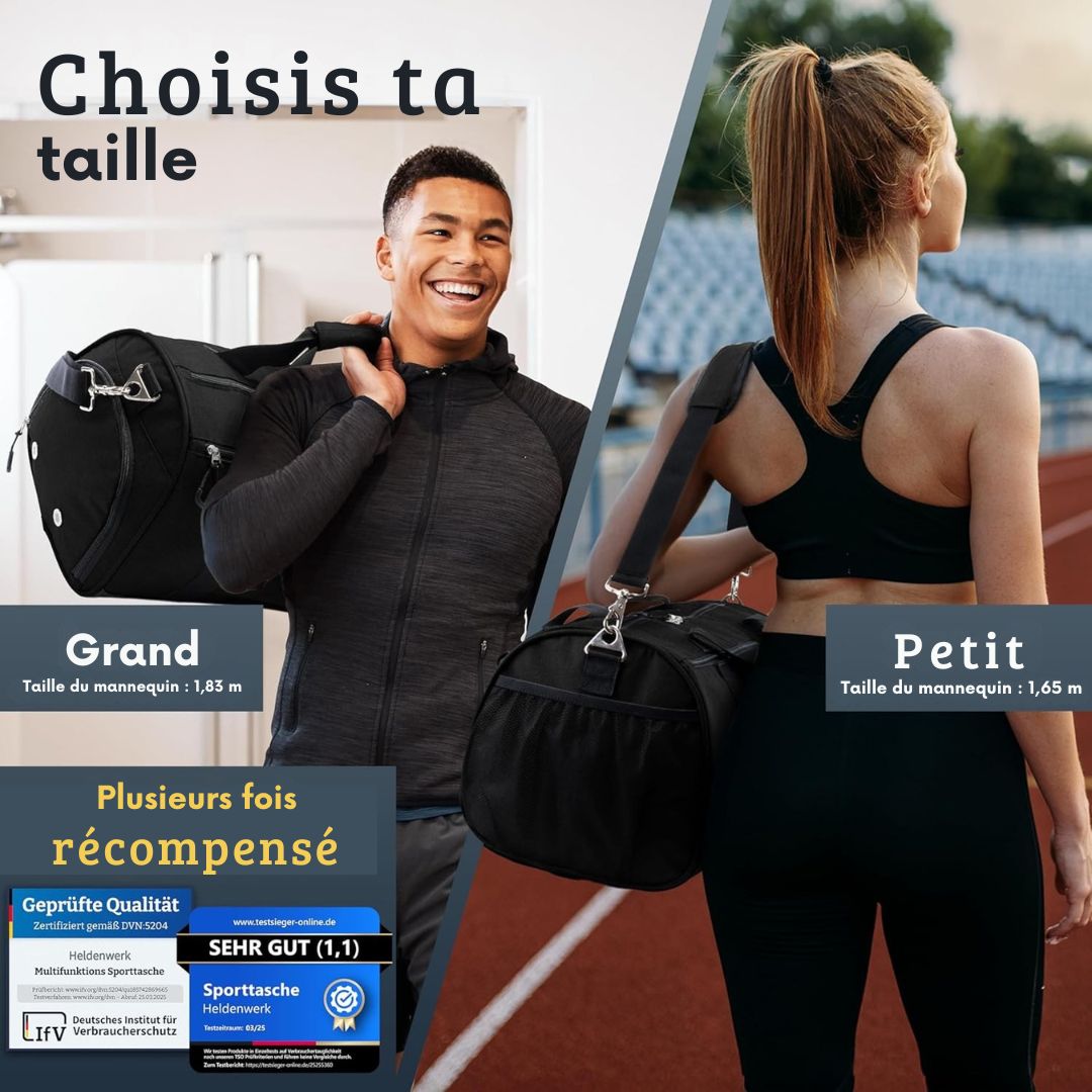 Sac de sport Herowerk - avec compartiment à chaussures et compartiment humide, sac d'entraînement pour femmes et hommes, idéal comme sac de voyage, sac de fitness, sac d'entraînement - avec bandoulière - noir
