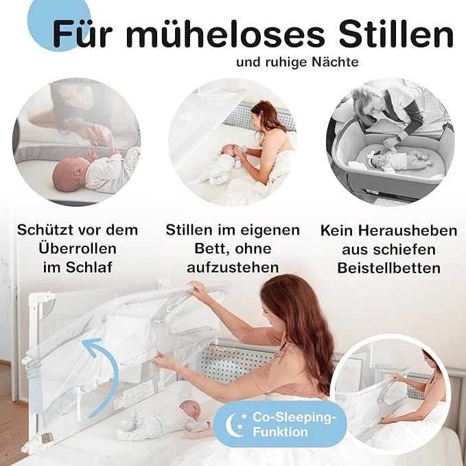 BabybeFun Lit de Bébé Co-Sleeper - 90x50 cm - Gris - Lit de Bébé sûr et confortable pour Boxspring et lit normal - Avec protection anti-retournement et protection anti-décrochage - Idéal pour l'allaitement