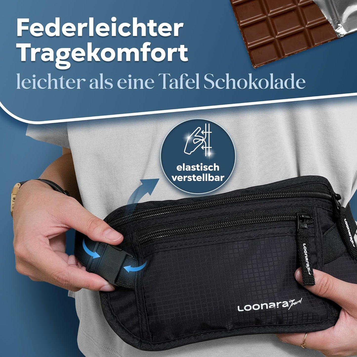 Loonara Travel Hip Bag - Avec compartiment secret - 13.5 x 25 cm - Noir