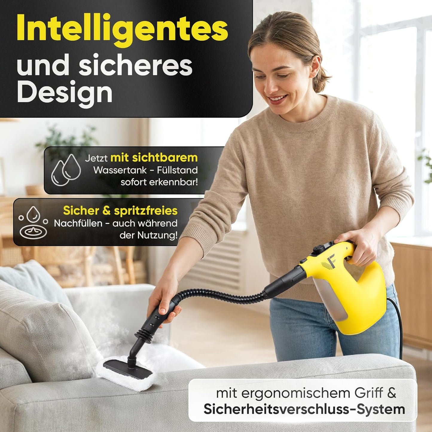 Neighbour's Friend 2-in-1 Steam Cleaner with Mopping Function 120 cm - Nettoyeur vapeur portatif 1500 W - 450 ml - 4 m Cordon - Jaune