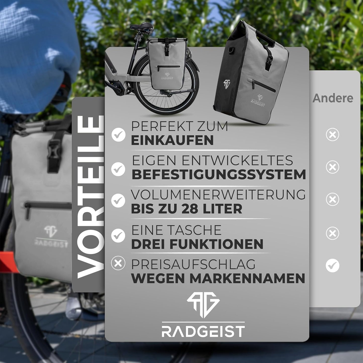 RADGEIST sacoche vélo pour porteur I sacoche vélo shopper avec sac isotherme amovible I sac shopping & sac shopping 22-28 litres - gris