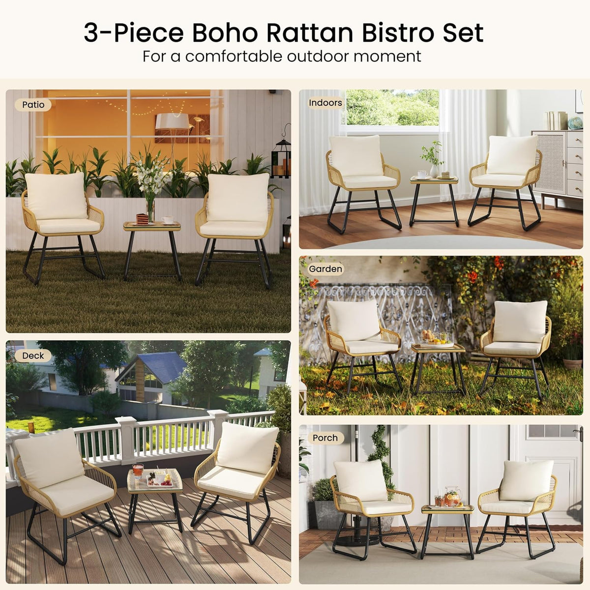 Ensemble de bistrot 3 pièces Yaheetech - Coussins et table en verre inclus - Beige/crème