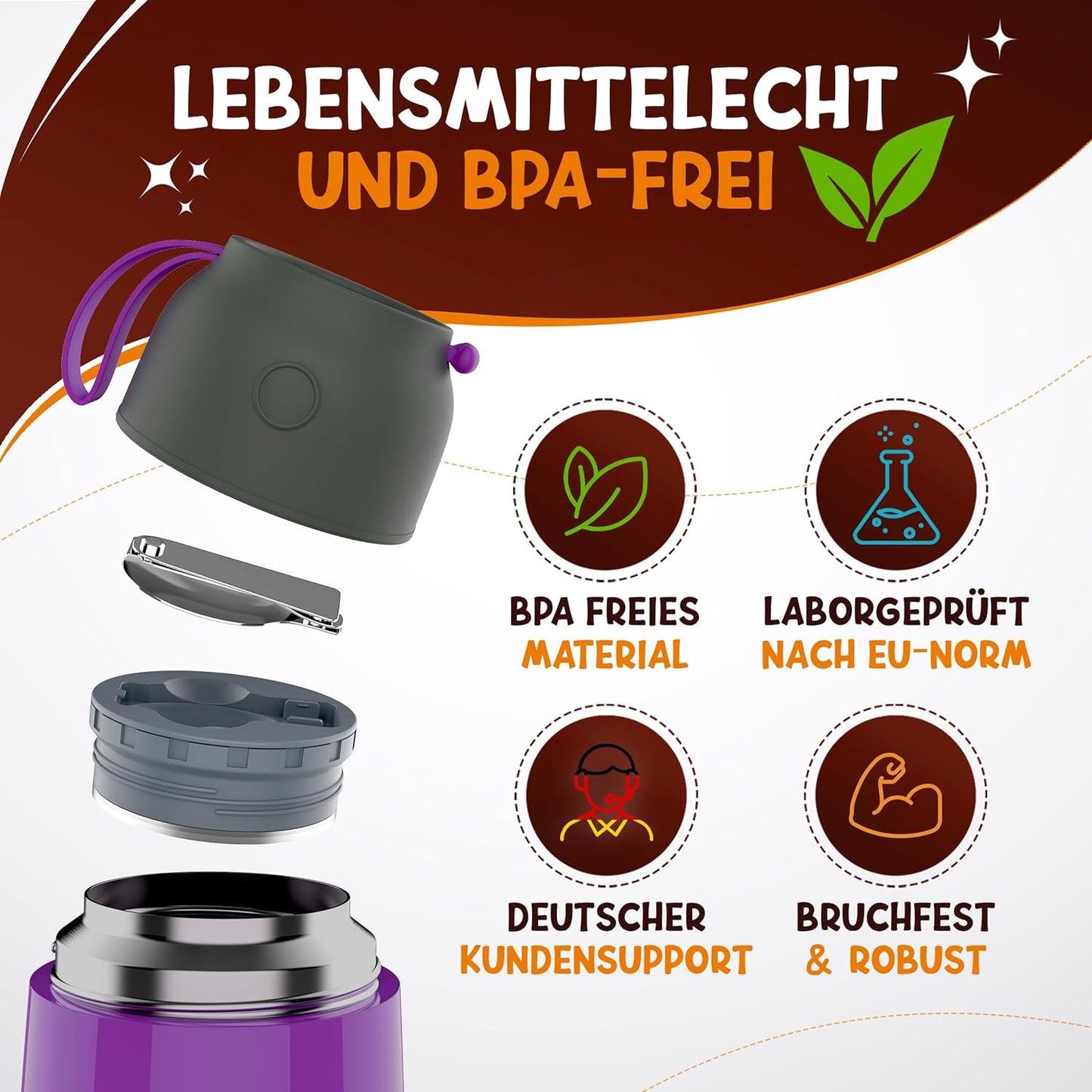 Funkelfuchs® gobelet thermos pour aliments pour bébés - 500ml, princesse mauve - 100% étanche - tasse chaude en acier inoxydable - tasse thermique - boîte à lunch thermique - aliments pour bébés