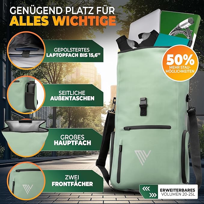 MIVELO - Sac à dos - Sac à dos et sac à bandoulière 3-en-1 - TPU étanche - 25 litres - Menthe