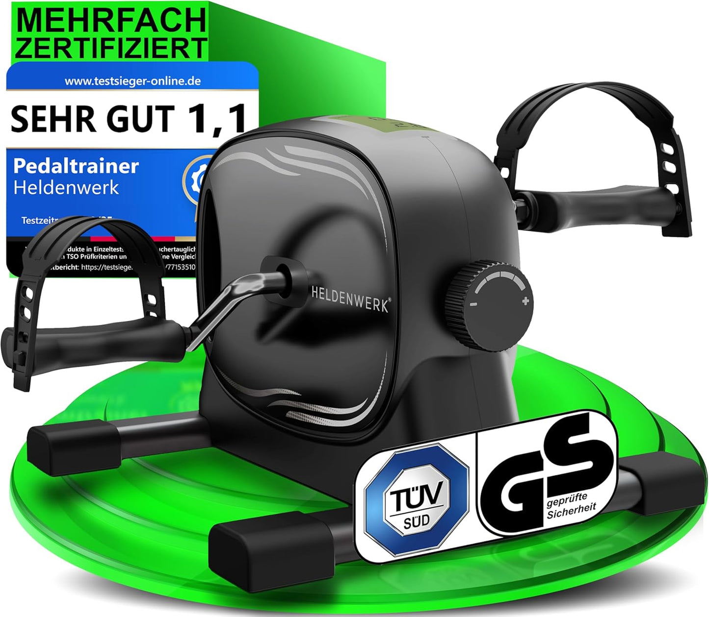 HELDENWERK - Pédalier - 40x35x30 cm - Acier et plastique noir - Sangle de fixation et tapis antidérapant inclus - Entraînement des bras et des jambes pour la maison - Vélo d'exercice idéal pour les personnes âgées - HW-PT-100